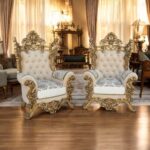 Luxury Teak Wood Carved Armchairs –  Gold Italian Finish | Premium Upholstered Sofa Chairs, Set of 2 (36W x 33D x 63H Inch)