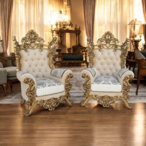 Luxury Teak Wood Carved Armchairs –  Gold Italian Finish | Premium Upholstered Sofa Chairs, Set of 2 (36W x 33D x 63H Inch)