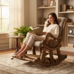 Hand-Carved Solid Wood Rocking Chair | Genuine Brown Leather Upholstery