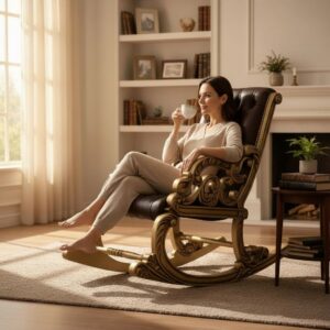 Luxury Royal Baroque Style Hand-Carved Teak Wood Rocking Chair | Brown Tufted Leatherette Upholstery & Gold Finish