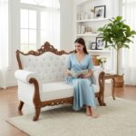 Exquisite Hand-Carved Wooden Sofa | White Tufted Upholstery