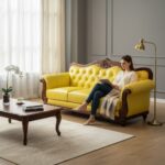 Vibrant Yellow Tufted 3-Seater Sofa | Antique Style Hand-Carved Wooden Sofa