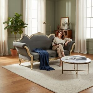 French Rococo Carved Wood Settee | Grey Velvet Upholstery